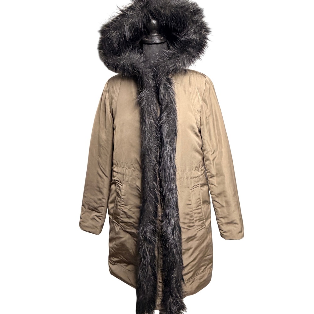 Donna Karan New York Jacket Womens Sz S Faux Fur Hooded Goose Down Parka Green